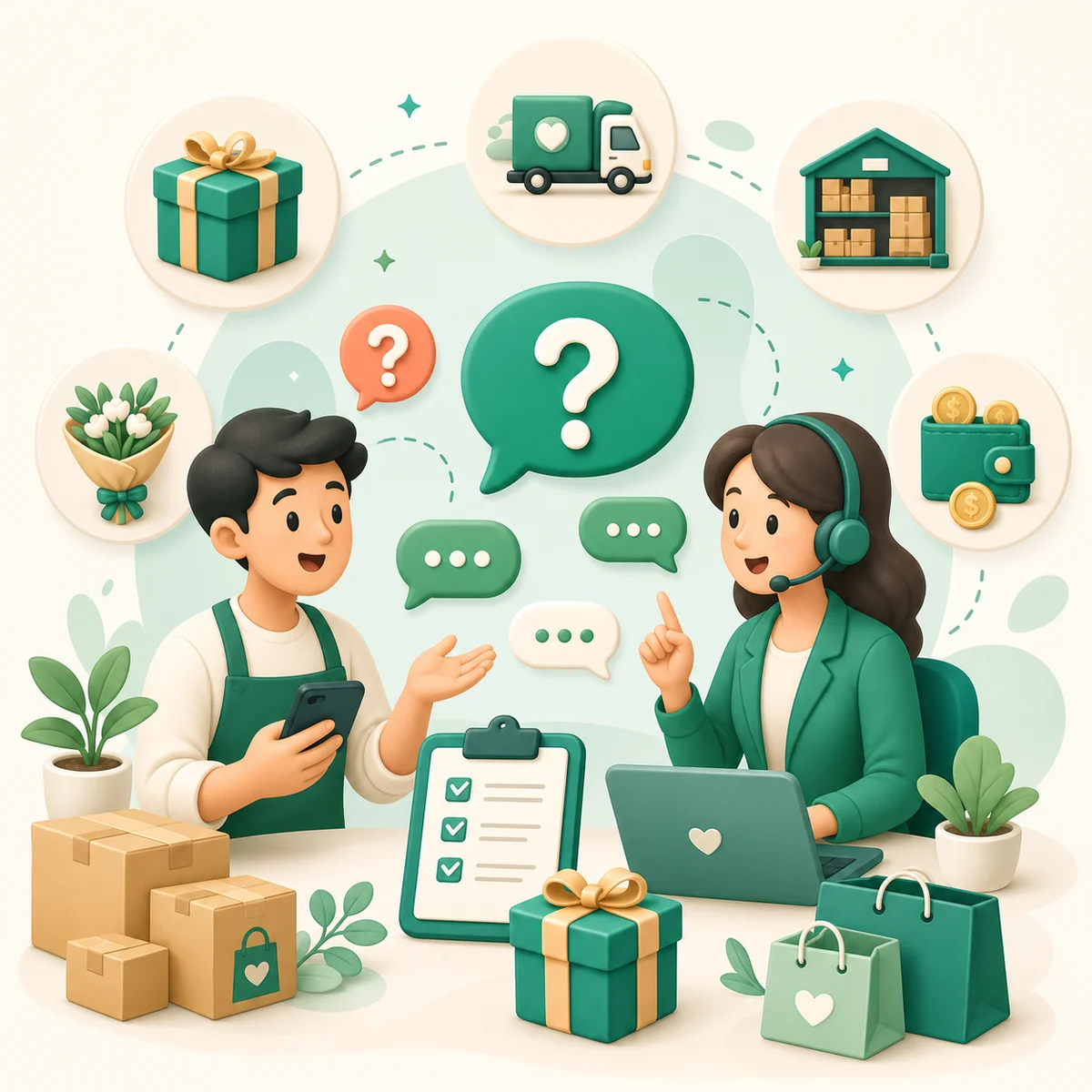 Seller asking SmoothGift support about onboarding, delivery, stock, payout, and gift fulfillment